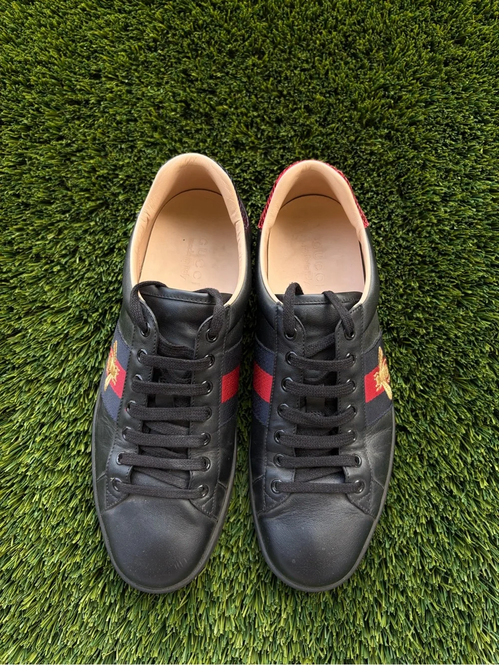 Gucci Black Leather Sneakers with Red & Blue Stripe and Gold Bee